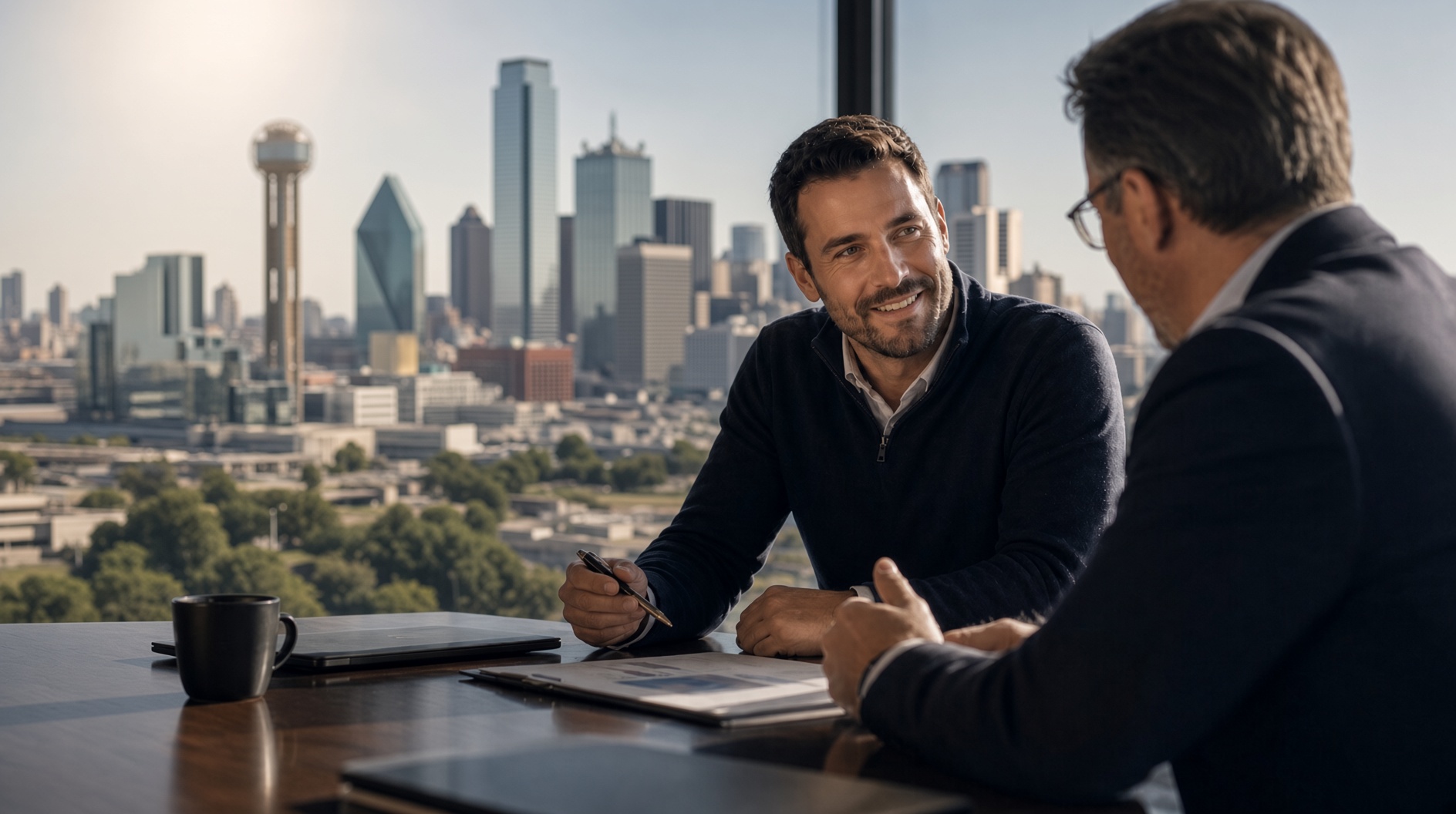 Senior advisor meeting with a business owner in a Dallas boardroom